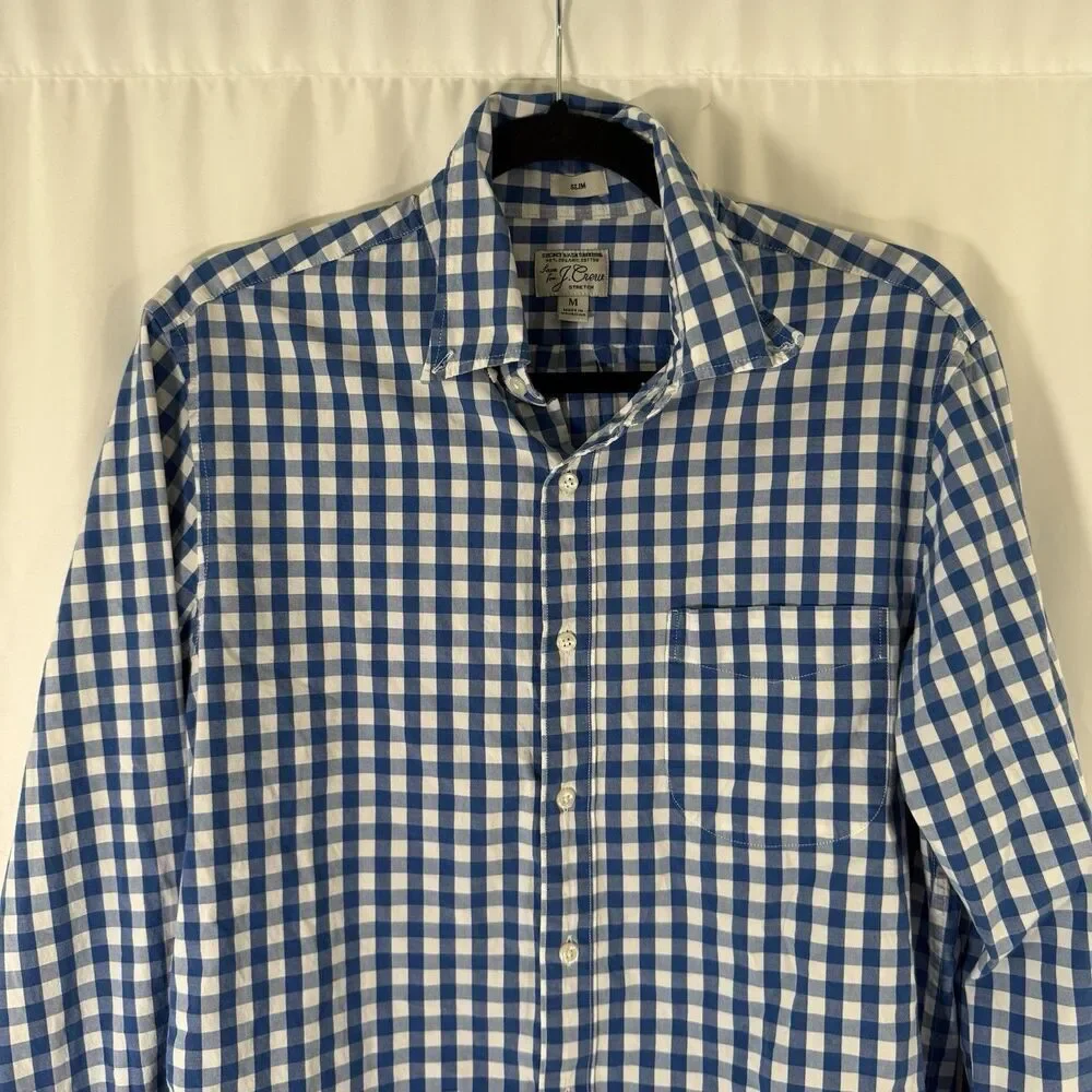 J. Crew Dress Shirt Mens Medium Blue White Plaid Organic Cotton Long Sleeve Slim